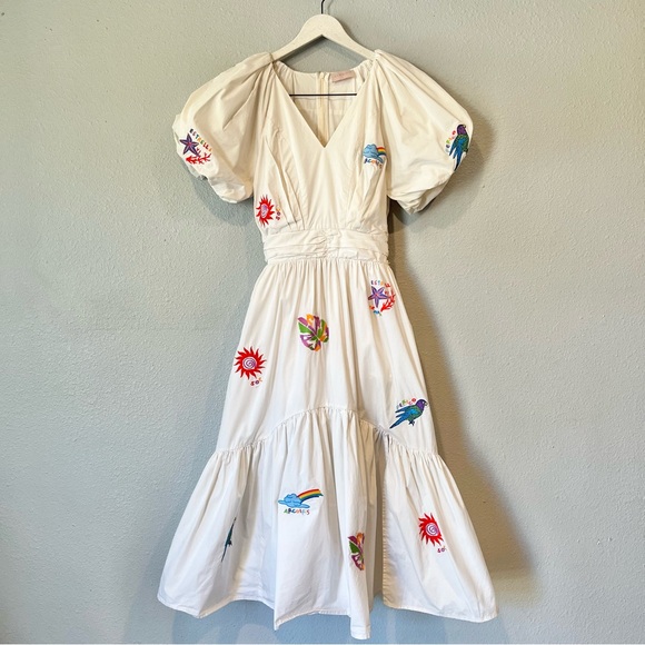 Ciebon Dresses & Skirts - Ciebon Nordstrom Cream Puff Sleeve Embroidered Tropical V Neck Midi Dress small